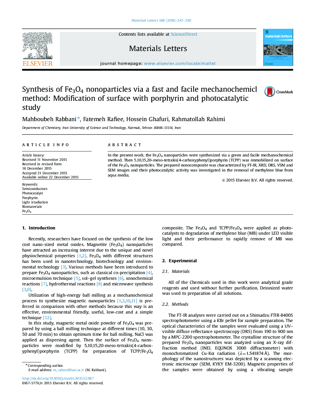 Synthesis of Fe3O4 nonoparticles via a fast and facile mechanochemicl method: Modification of surface with porphyrin and photocatalytic study