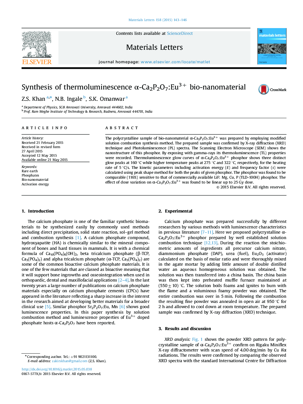 Synthesis of thermoluminescence α-Ca2P2O7:Eu3+ bio-nanomaterial
