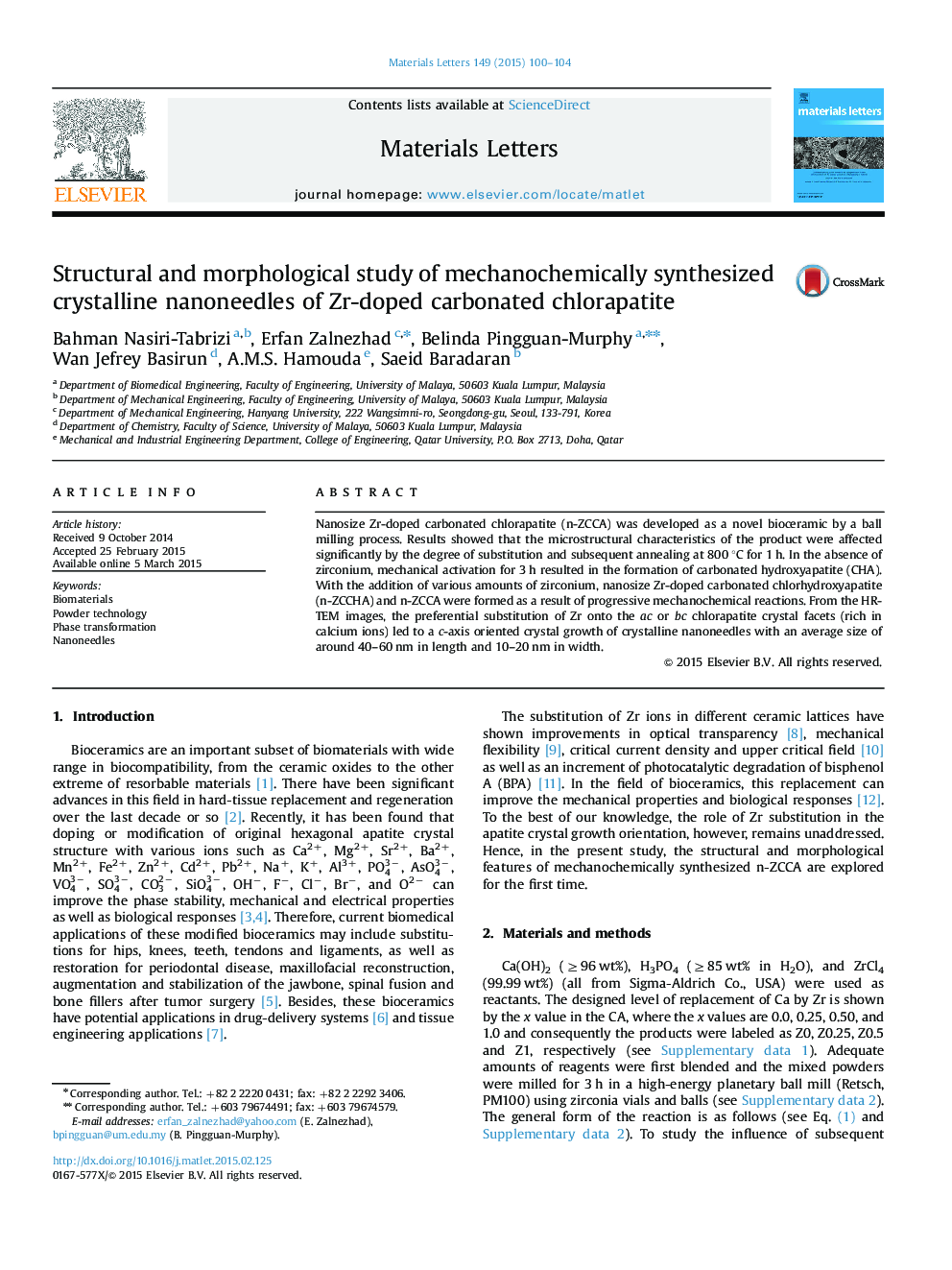 Structural and morphological study of mechanochemically synthesized crystalline nanoneedles of Zr-doped carbonated chlorapatite