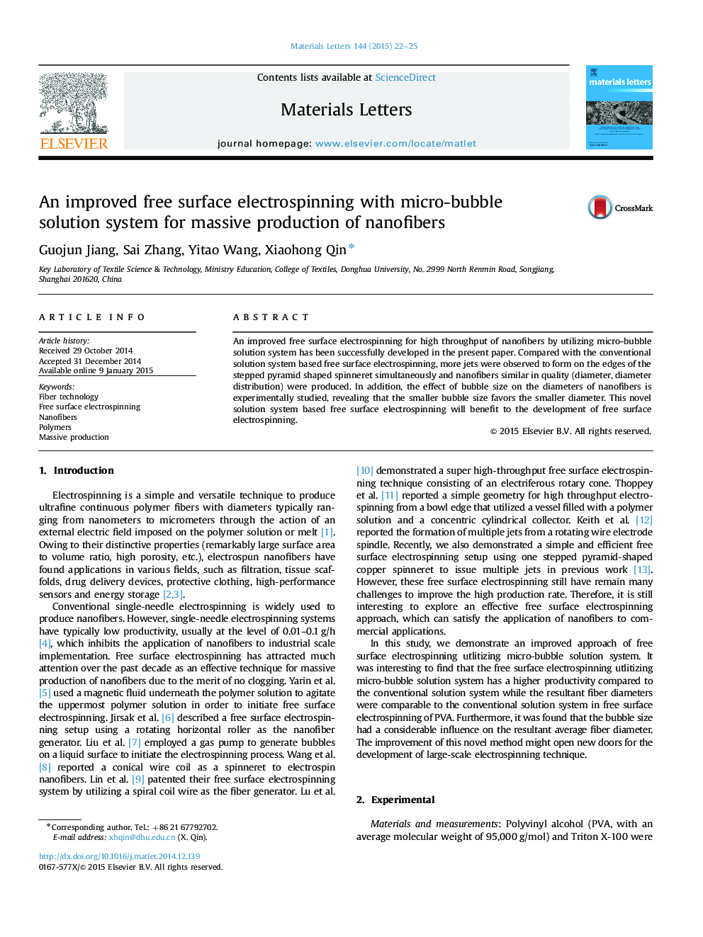 An improved free surface electrospinning with micro-bubble solution system for massive production of nanofibers