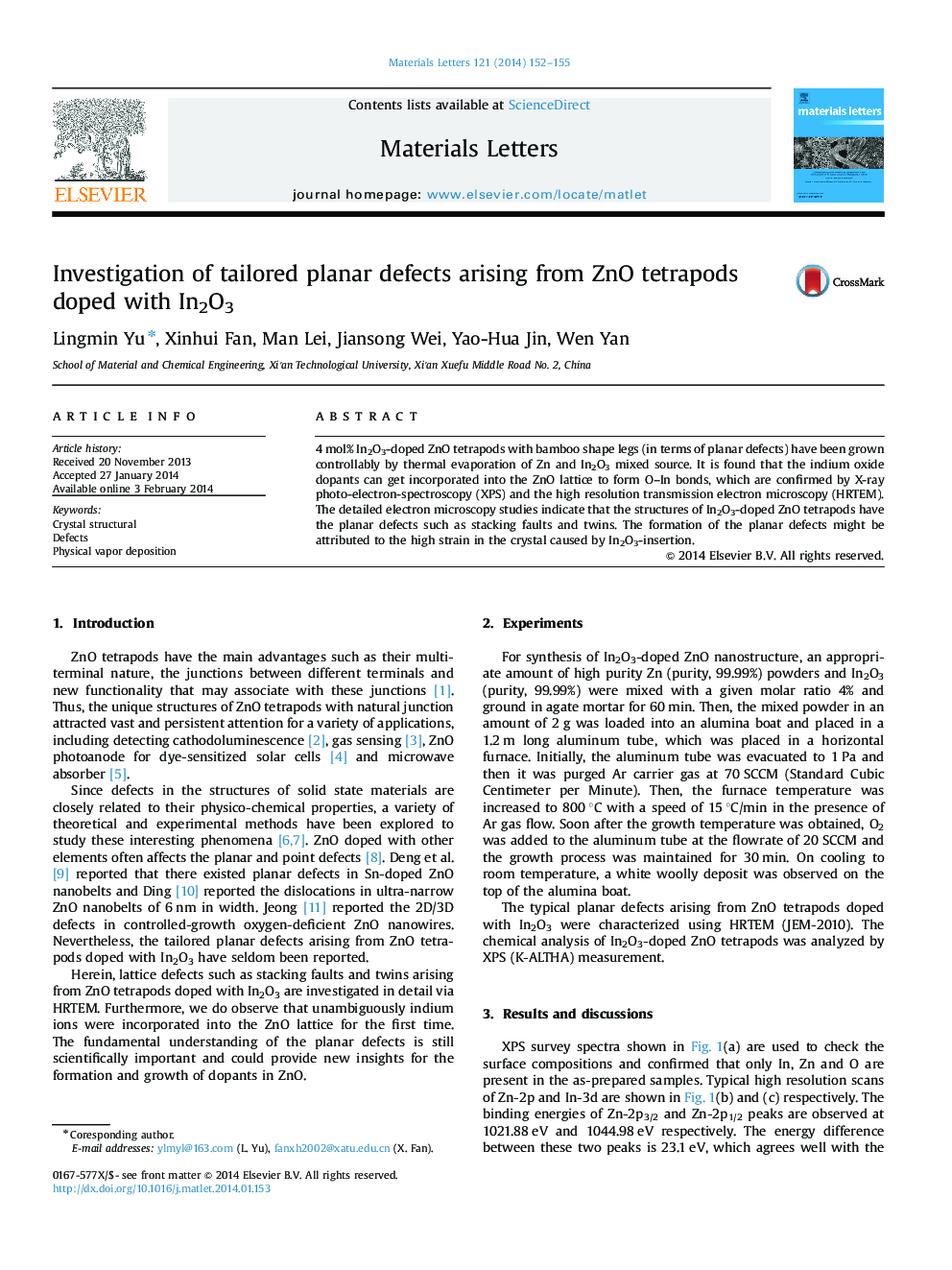 Investigation of tailored planar defects arising from ZnO tetrapods doped with In2O3