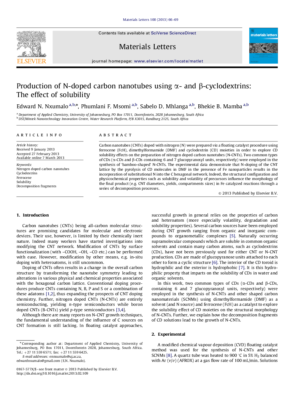 Production of N-doped carbon nanotubes using α- and β-cyclodextrins: The effect of solubility