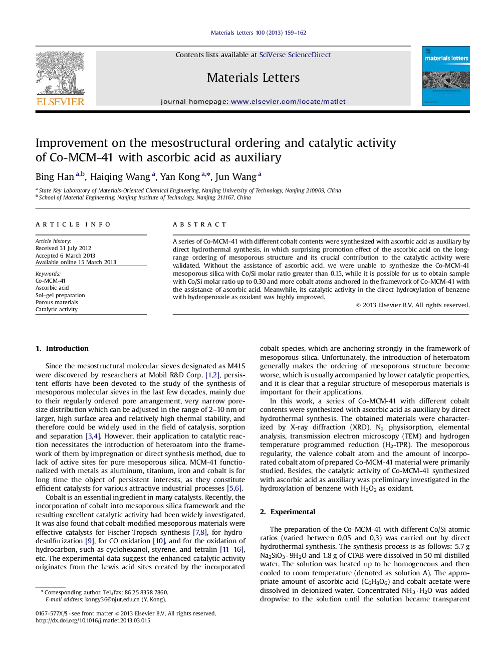 Improvement on the mesostructural ordering and catalytic activity of Co-MCM-41 with ascorbic acid as auxiliary