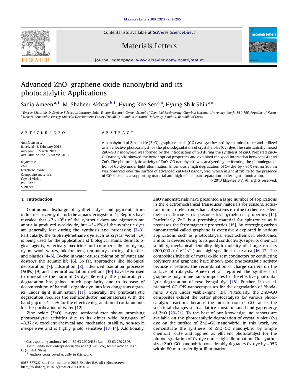 Advanced ZnO–graphene oxide nanohybrid and its photocatalytic Applications