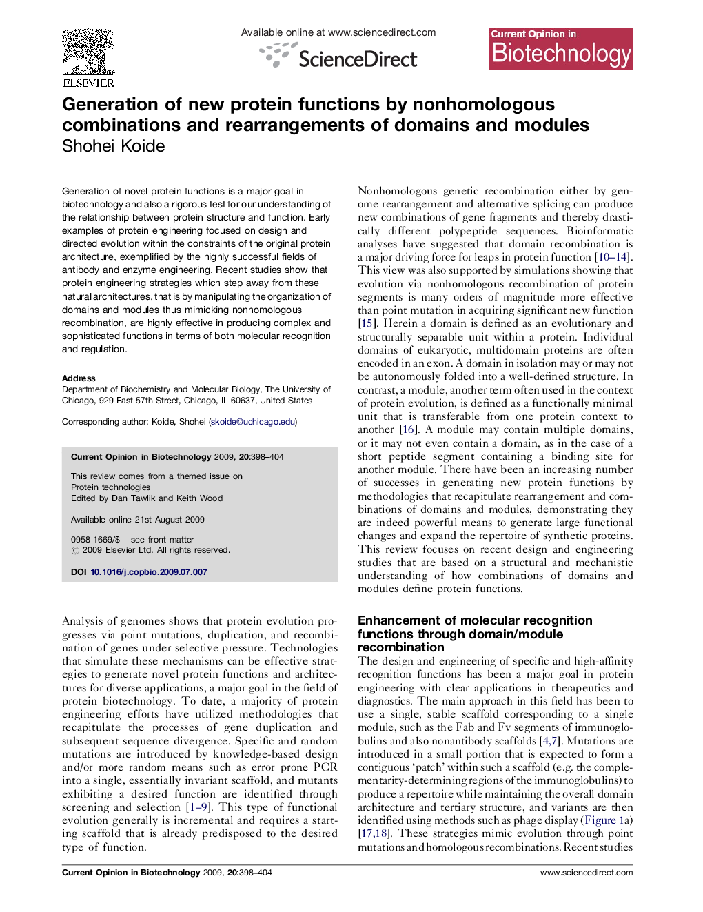 Generation of new protein functions by nonhomologous combinations and rearrangements of domains and modules