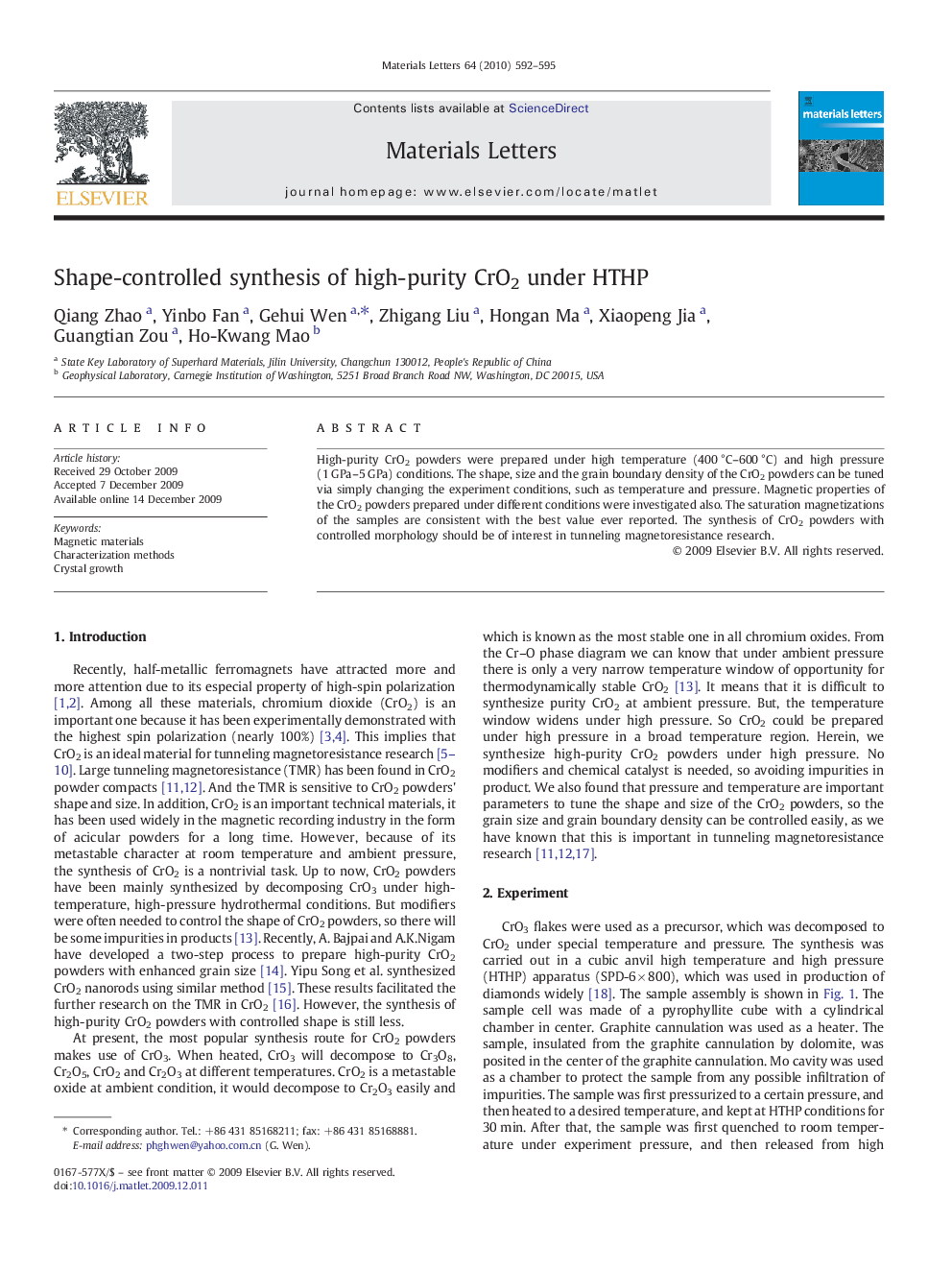 Shape-controlled synthesis of high-purity CrO2 under HTHP