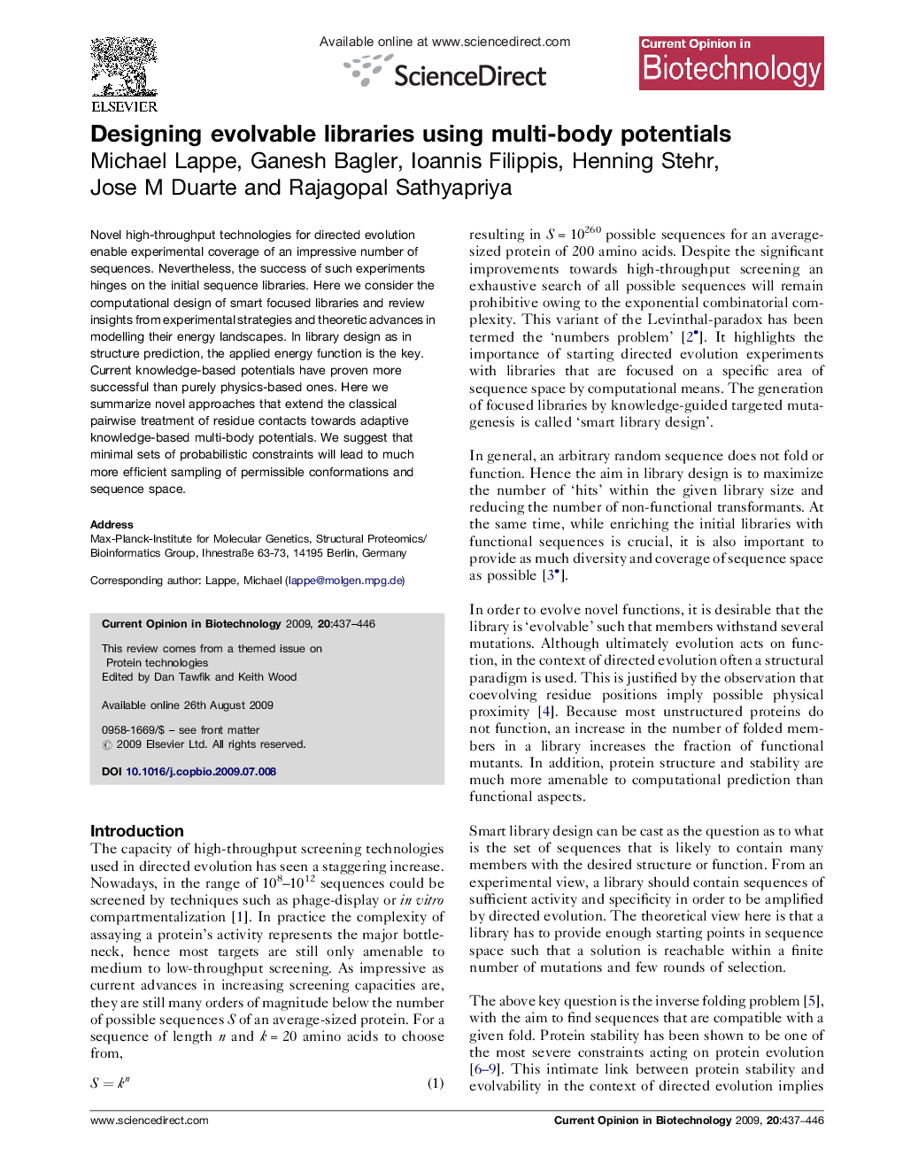 Designing evolvable libraries using multi-body potentials