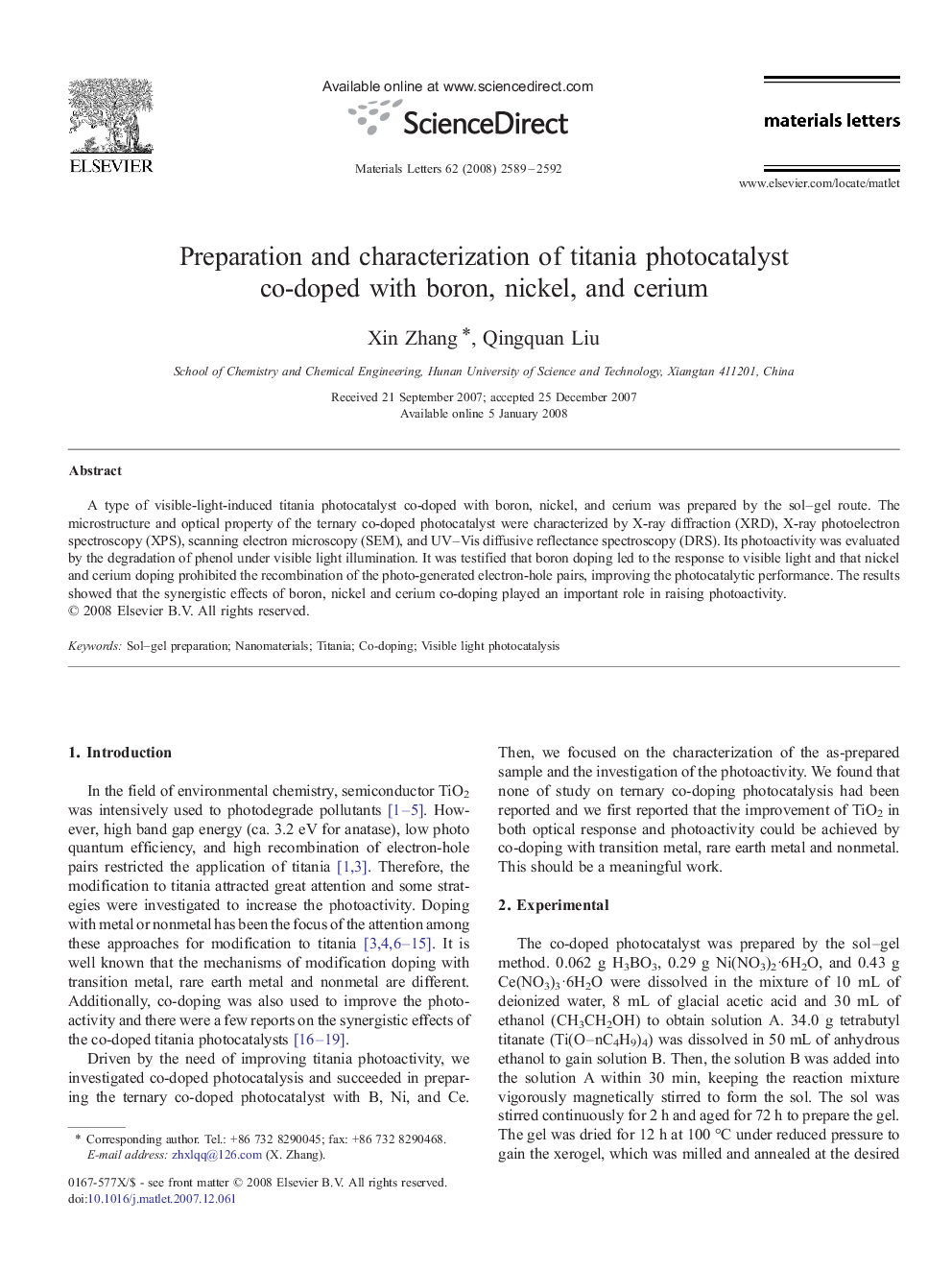 Preparation and characterization of titania photocatalyst co-doped with boron, nickel, and cerium