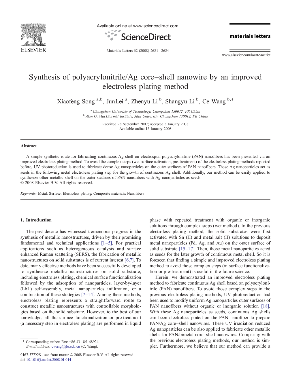 Synthesis of polyacrylonitrile/Ag core–shell nanowire by an improved electroless plating method