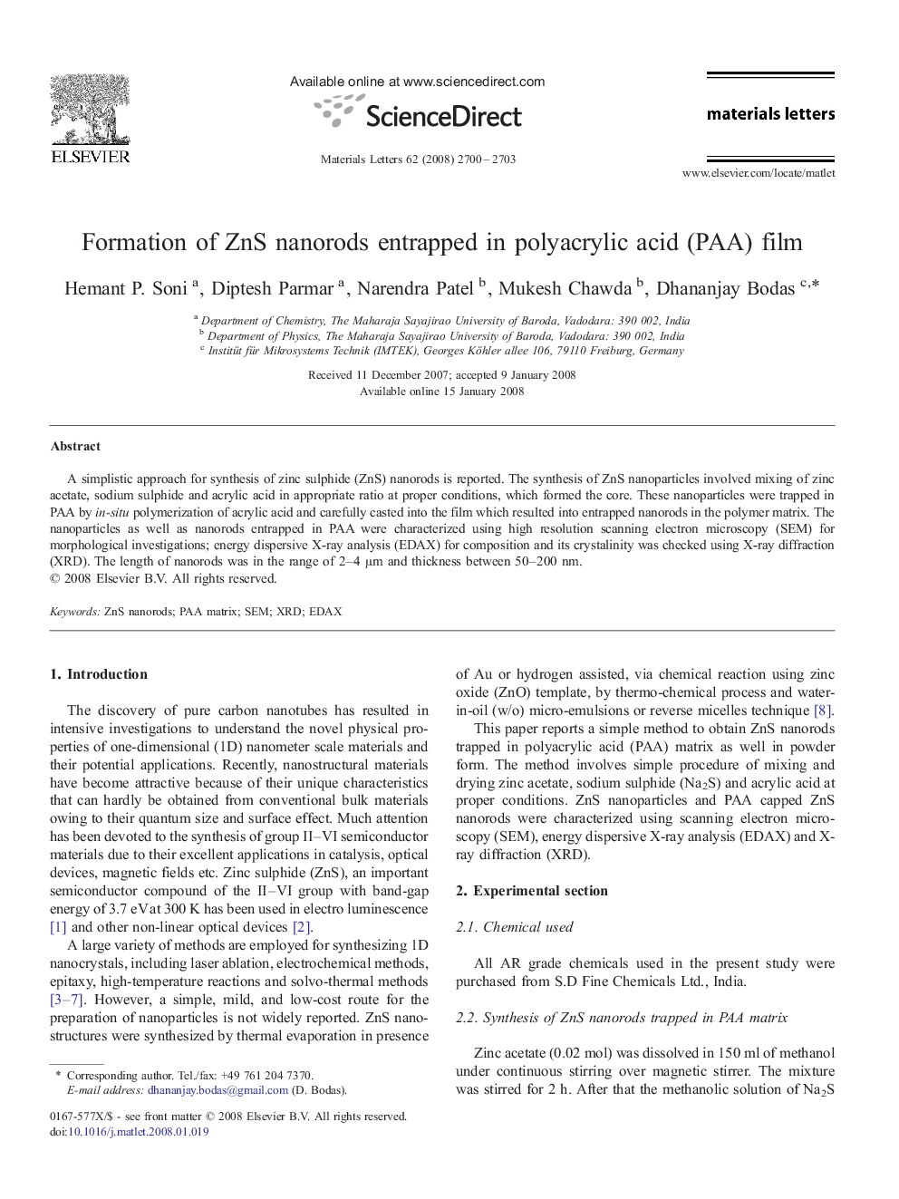 Formation of ZnS nanorods entrapped in polyacrylic acid (PAA) film