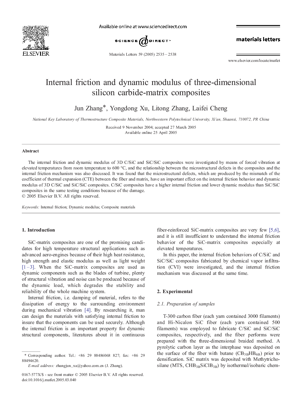 Internal friction and dynamic modulus of three-dimensional silicon carbide-matrix composites