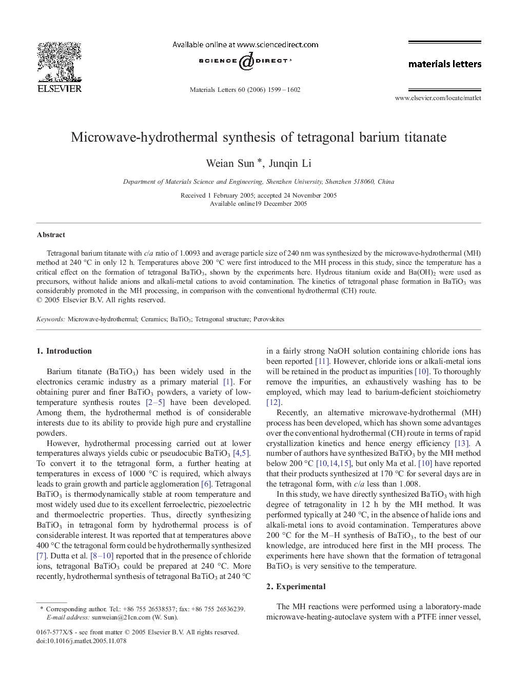 Microwave-hydrothermal synthesis of tetragonal barium titanate