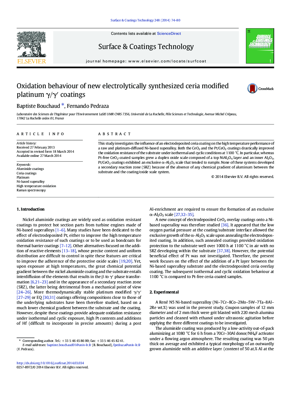 Oxidation behaviour of new electrolytically synthesized ceria modified platinum Î³/Î³â² coatings