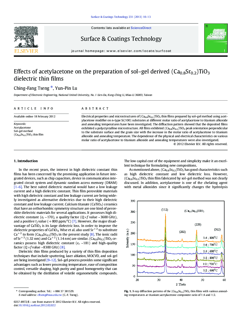 Effects of acetylacetone on the preparation of sol–gel derived (Ca0.8Sr0.2)TiO3 dielectric thin films