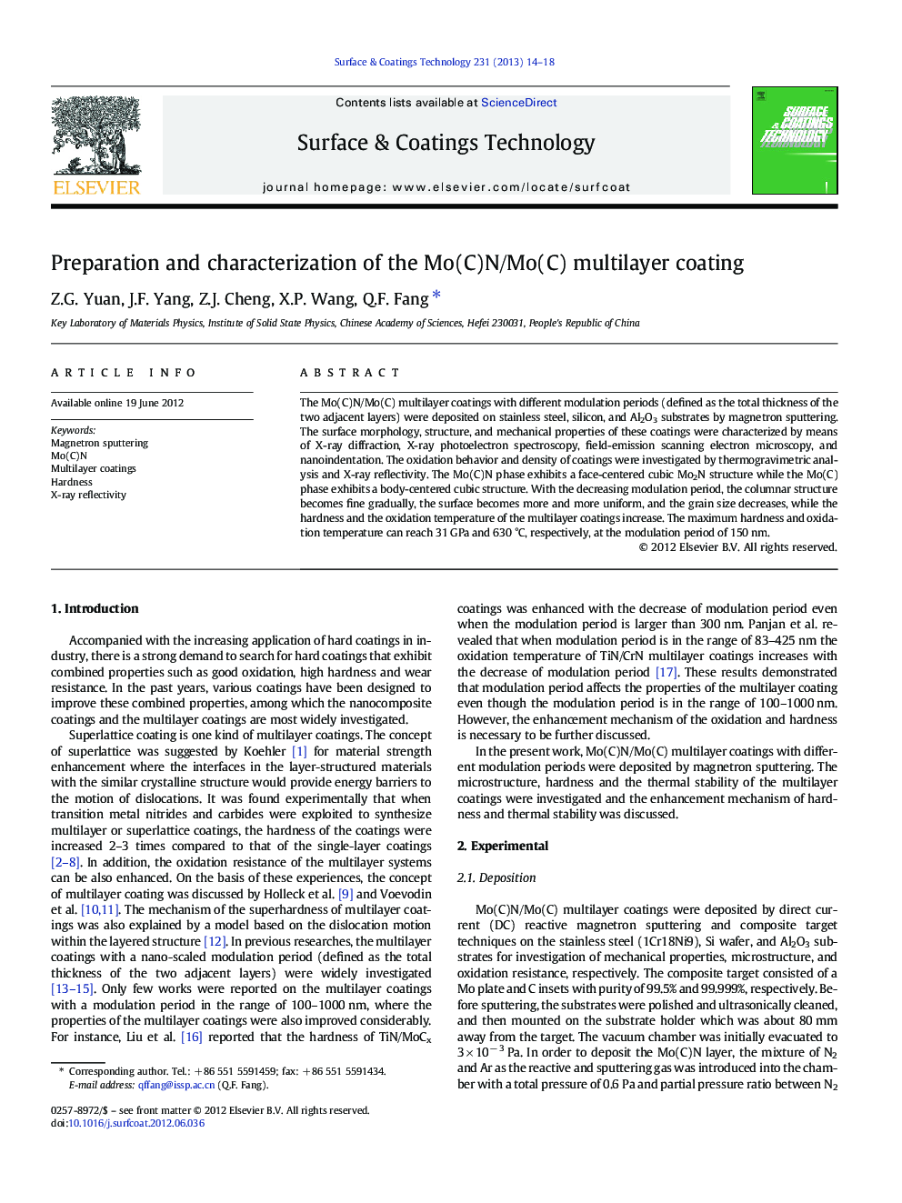 Preparation and characterization of the Mo(C)N/Mo(C) multilayer coating