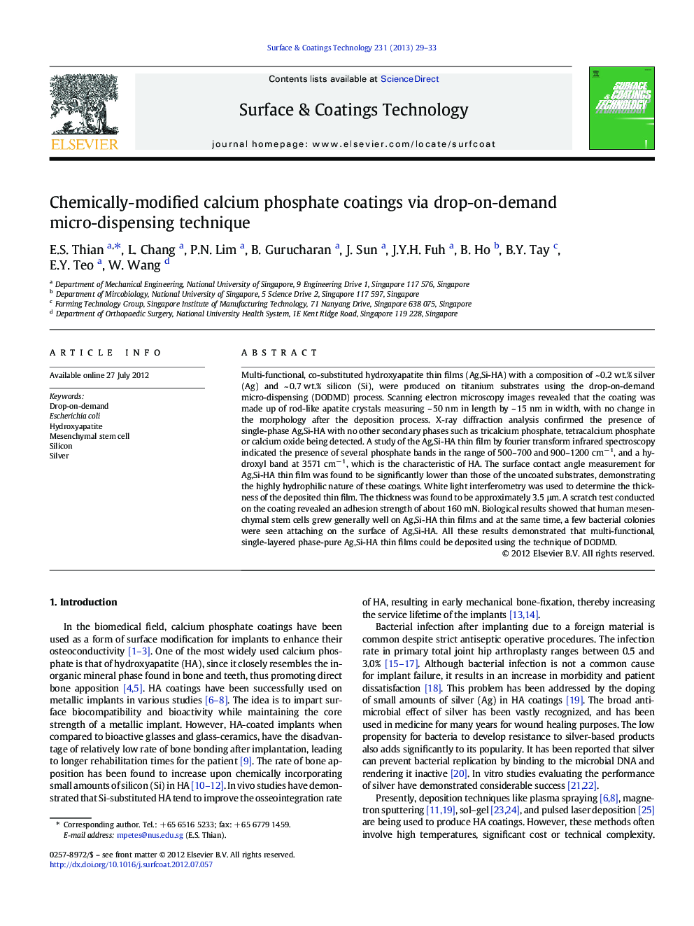 Chemically-modified calcium phosphate coatings via drop-on-demand micro-dispensing technique