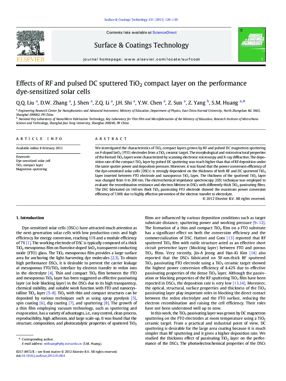 Effects of RF and pulsed DC sputtered TiO2 compact layer on the performance dye-sensitized solar cells