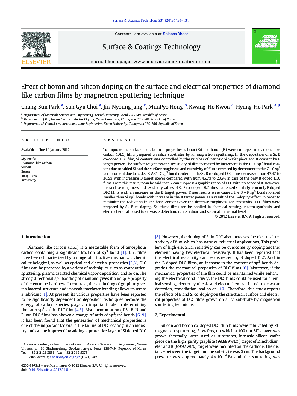 Effect of boron and silicon doping on the surface and electrical properties of diamond like carbon films by magnetron sputtering technique