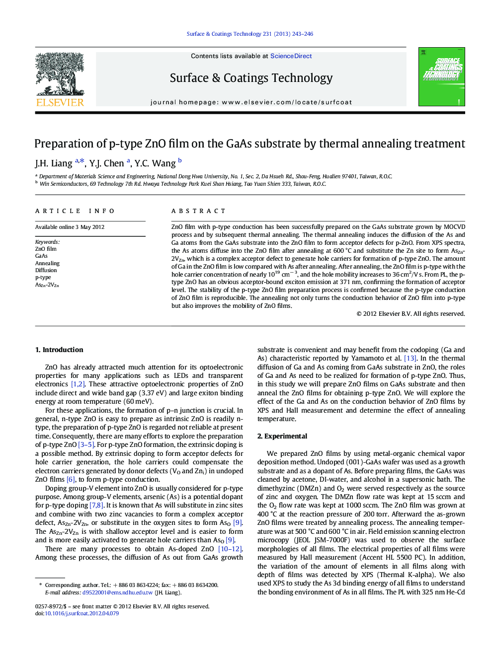 Preparation of p-type ZnO film on the GaAs substrate by thermal annealing treatment