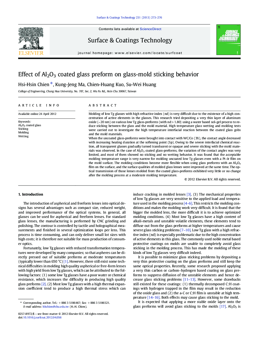 Effect of Al2O3 coated glass preform on glass-mold sticking behavior