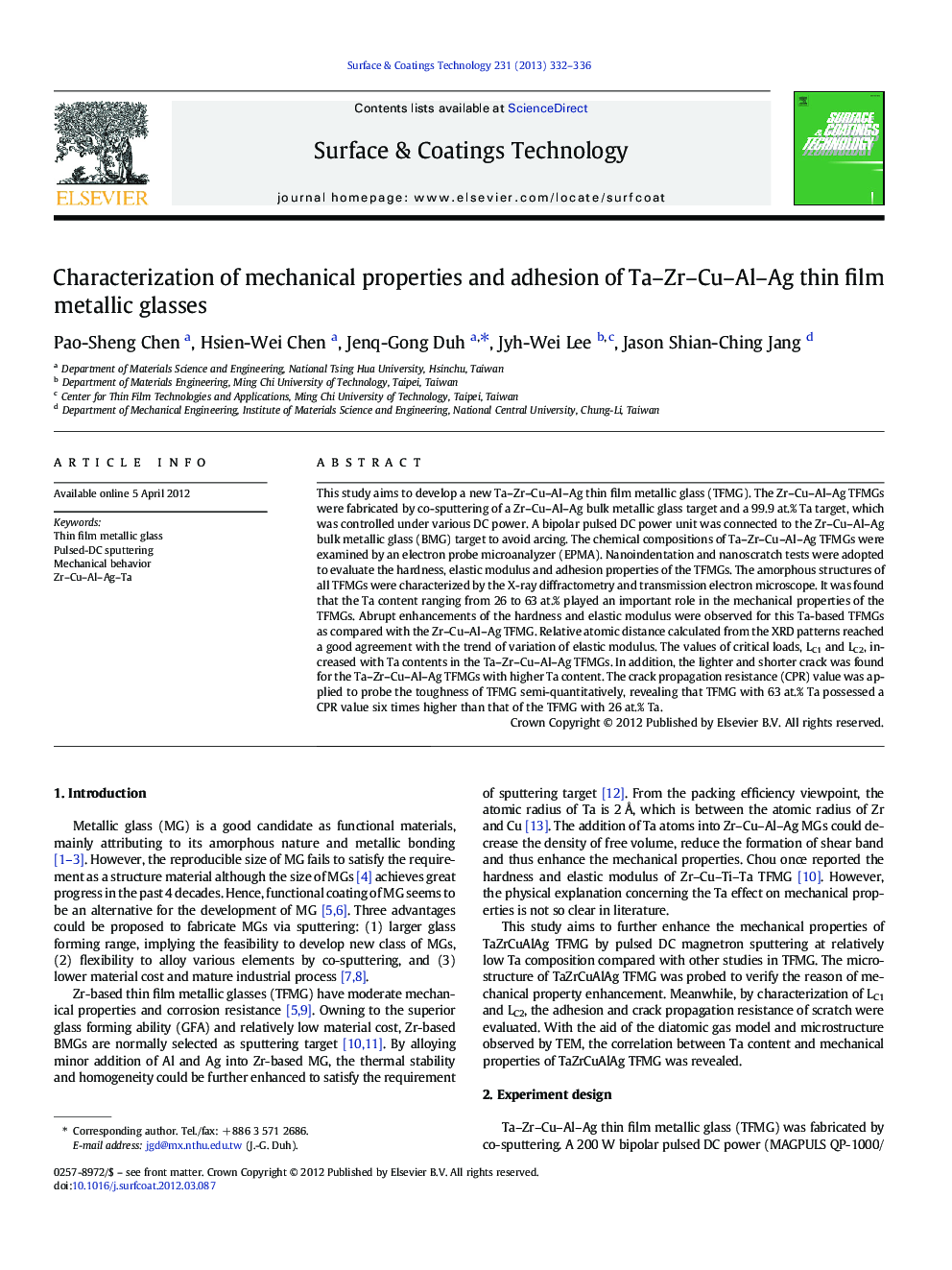Characterization of mechanical properties and adhesion of Ta–Zr–Cu–Al–Ag thin film metallic glasses