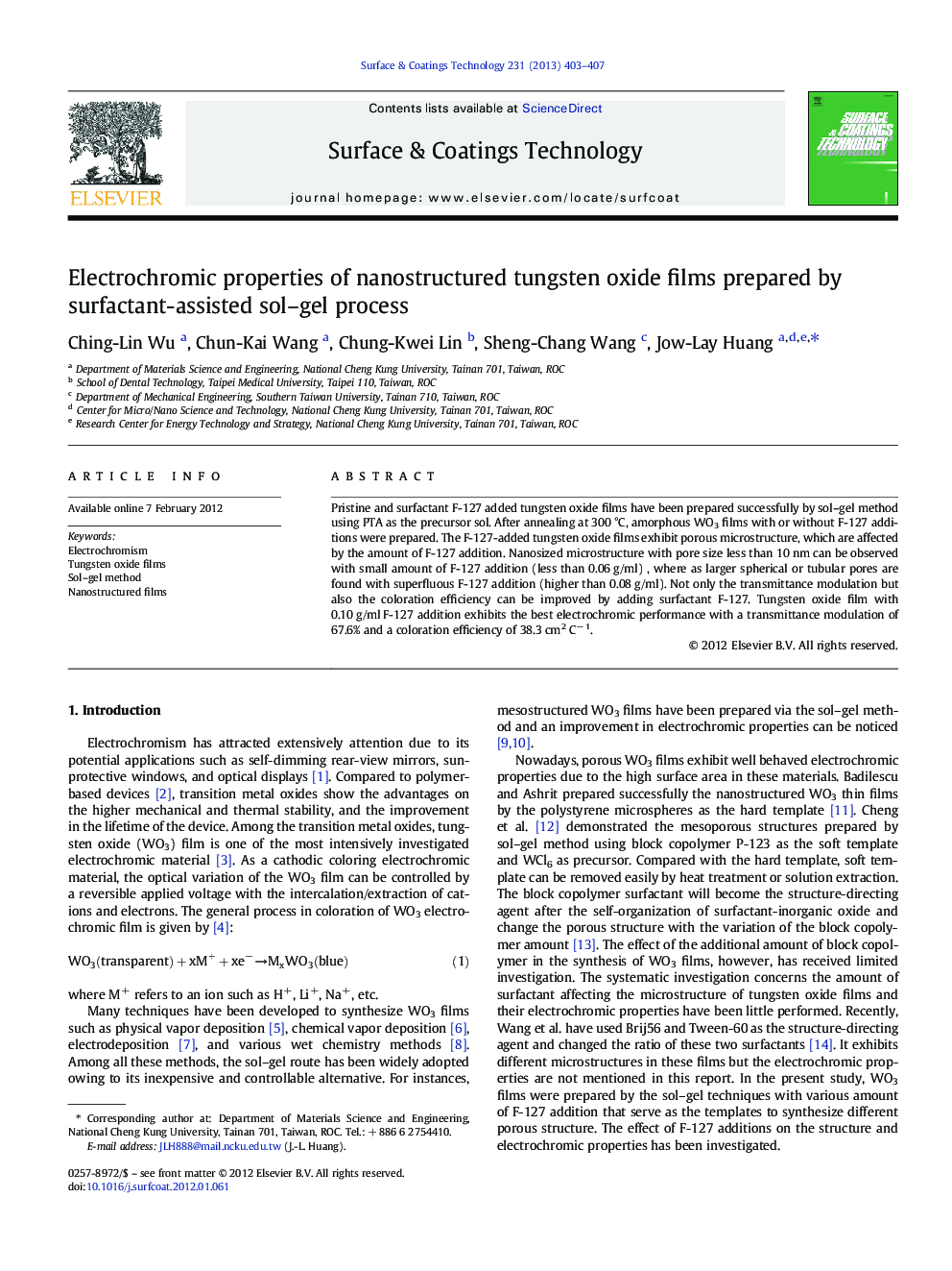 Electrochromic properties of nanostructured tungsten oxide films prepared by surfactant-assisted sol–gel process