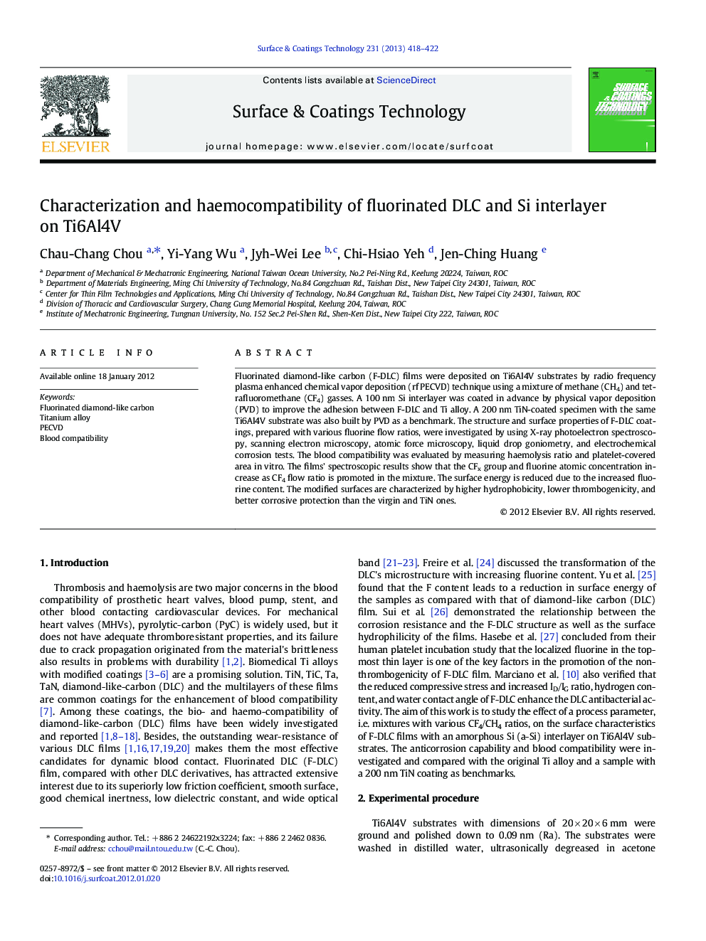 Characterization and haemocompatibility of fluorinated DLC and Si interlayer on Ti6Al4V
