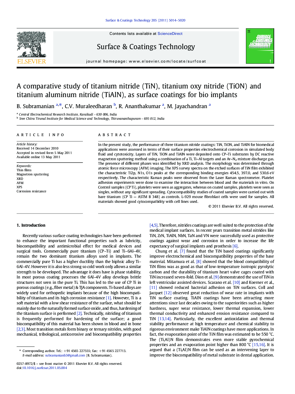 A comparative study of titanium nitride (TiN), titanium oxy nitride (TiON) and titanium aluminum nitride (TiAlN), as surface coatings for bio implants