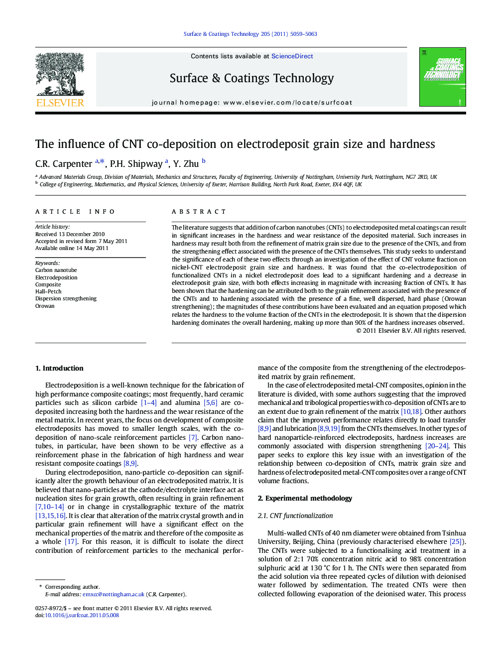The influence of CNT co-deposition on electrodeposit grain size and hardness