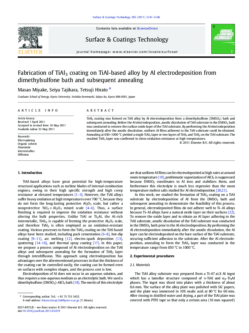 Fabrication of TiAl3 coating on TiAl-based alloy by Al electrodeposition from dimethylsulfone bath and subsequent annealing