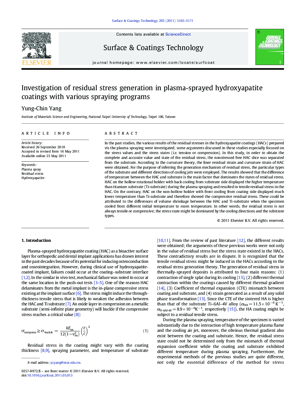 Investigation of residual stress generation in plasma-sprayed hydroxyapatite coatings with various spraying programs