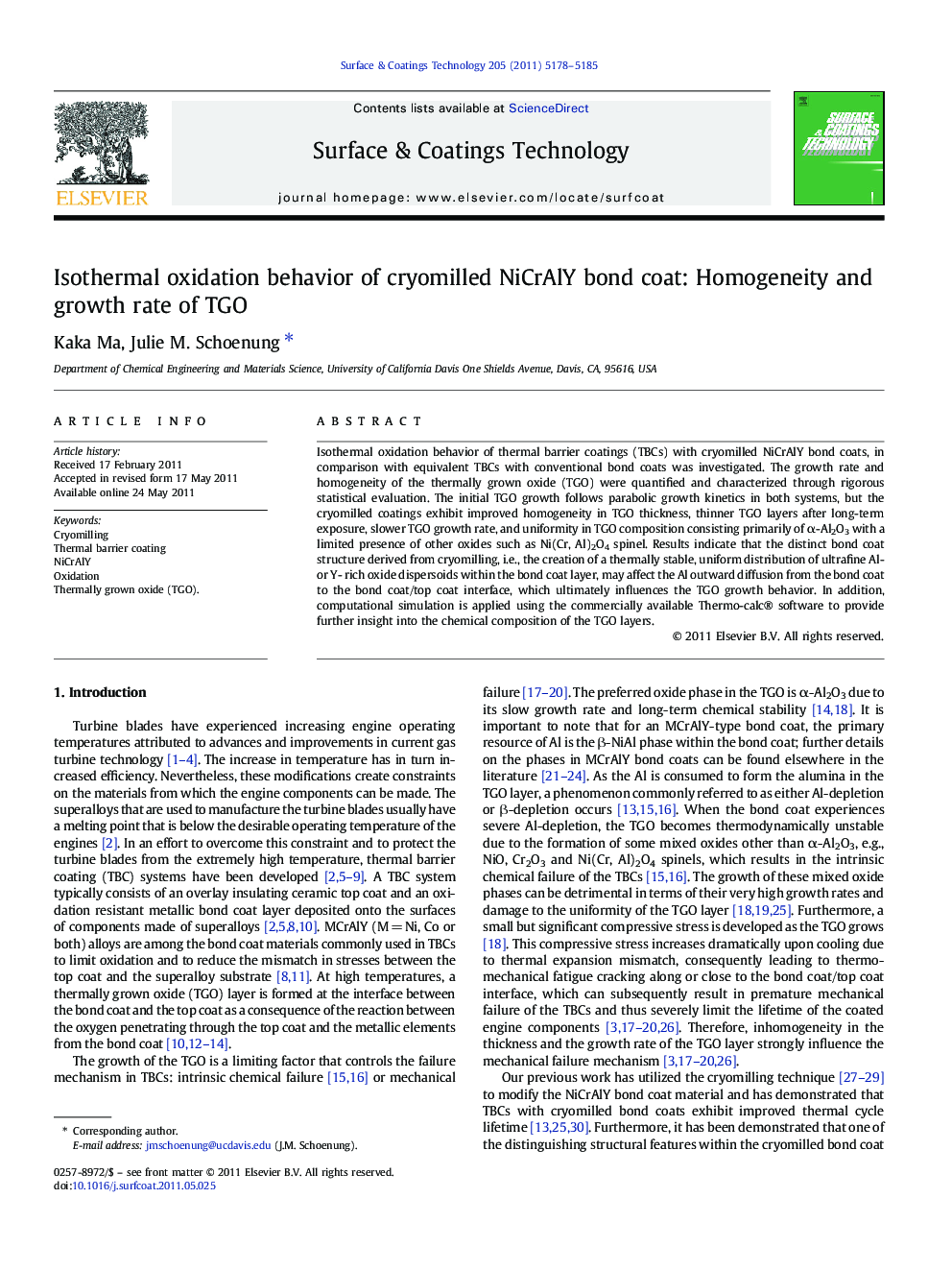 Isothermal oxidation behavior of cryomilled NiCrAlY bond coat: Homogeneity and growth rate of TGO