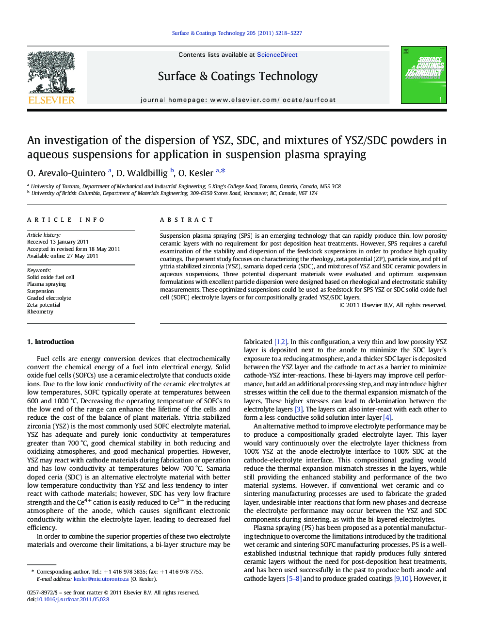 An investigation of the dispersion of YSZ, SDC, and mixtures of YSZ/SDC powders in aqueous suspensions for application in suspension plasma spraying