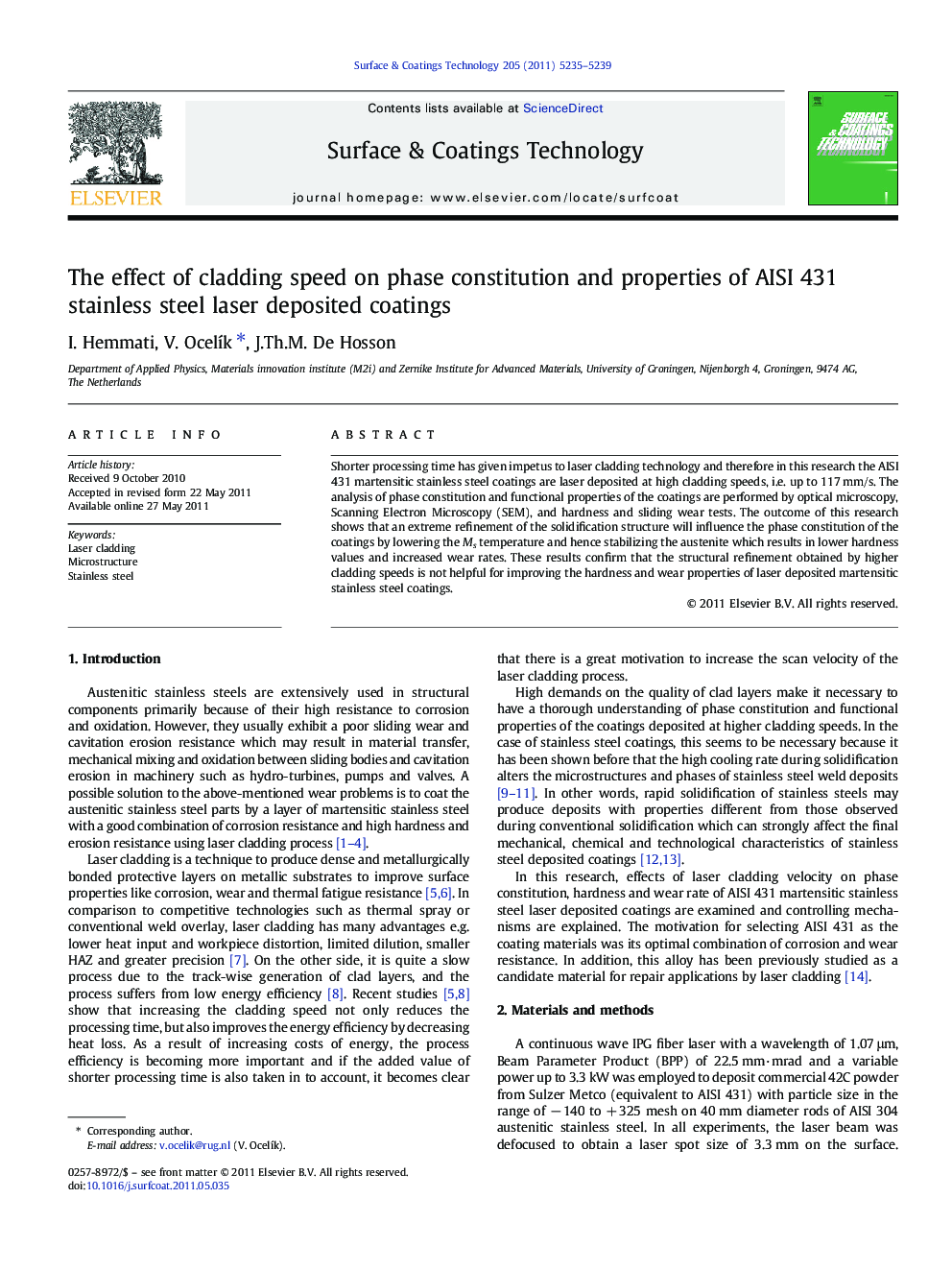 The effect of cladding speed on phase constitution and properties of AISI 431 stainless steel laser deposited coatings