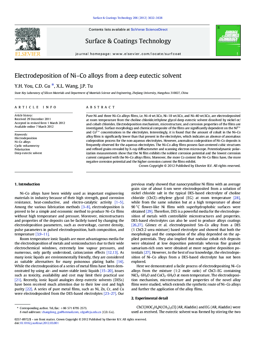 Electrodeposition of Ni–Co alloys from a deep eutectic solvent