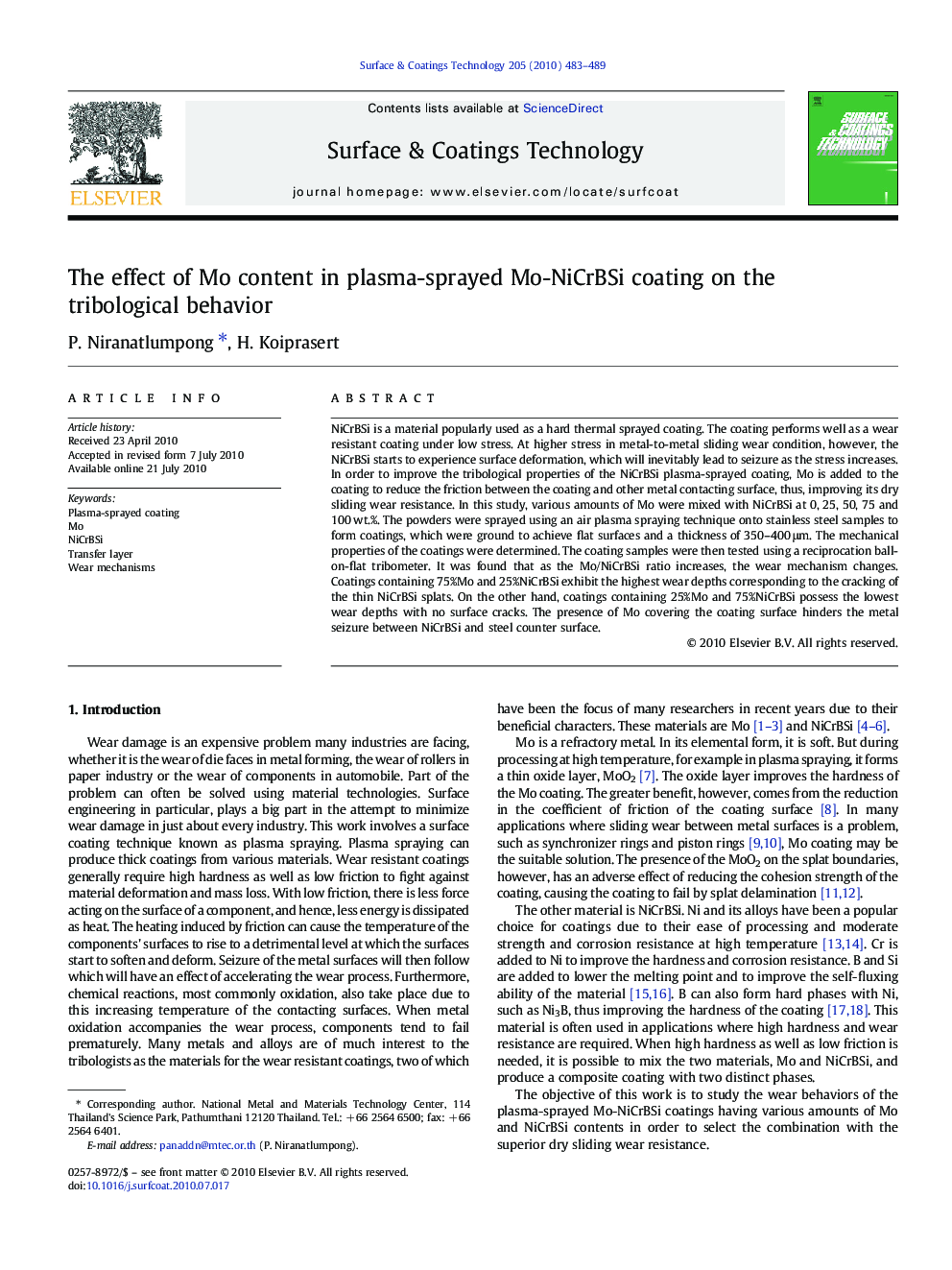 The effect of Mo content in plasma-sprayed Mo-NiCrBSi coating on the tribological behavior
