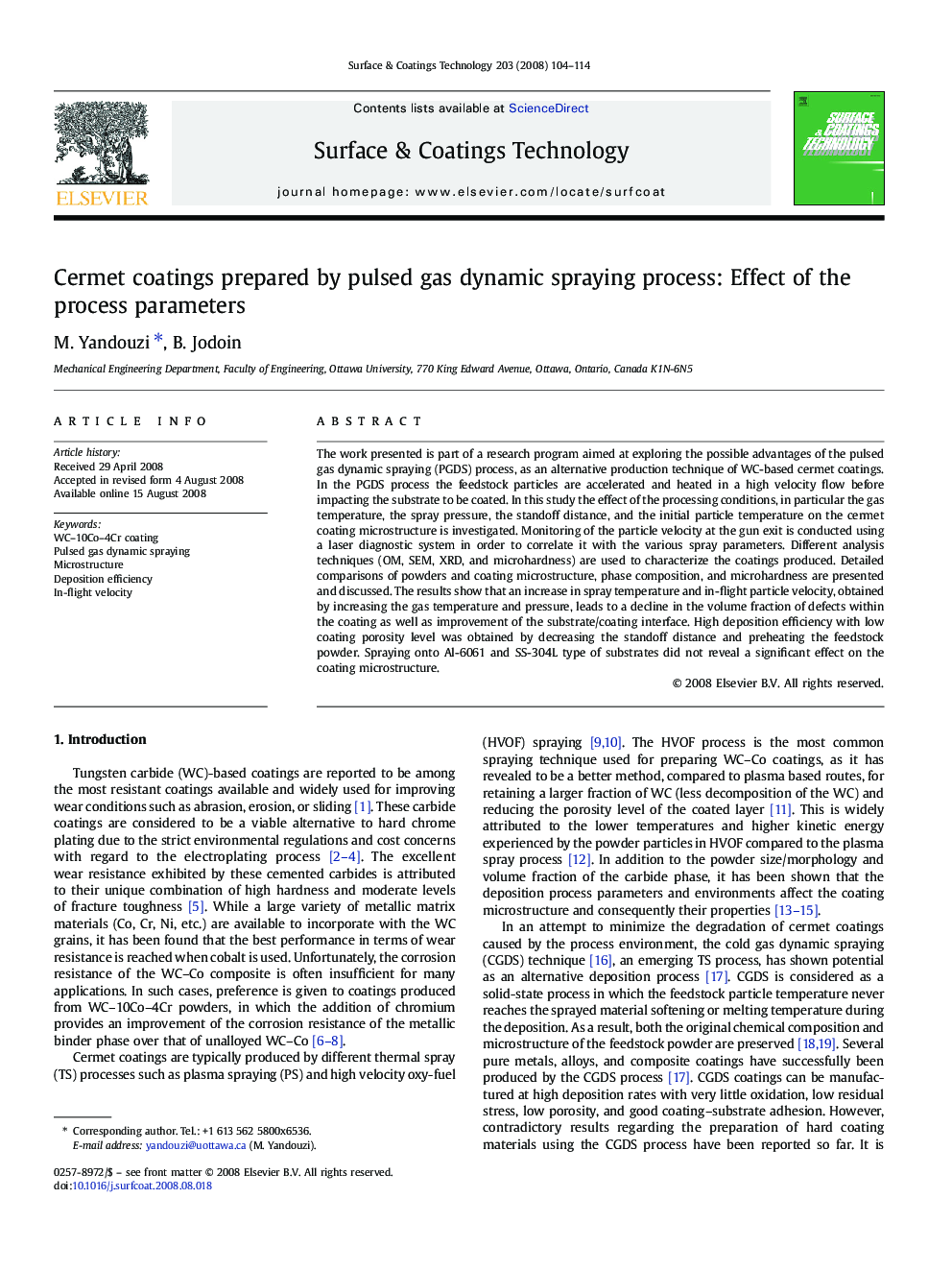 Cermet coatings prepared by pulsed gas dynamic spraying process: Effect of the process parameters