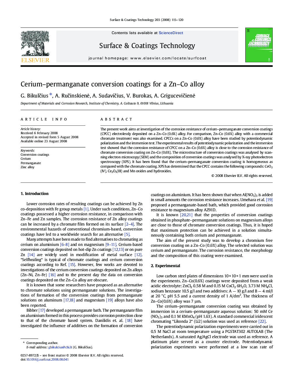 Cerium–permanganate conversion coatings for a Zn–Co alloy