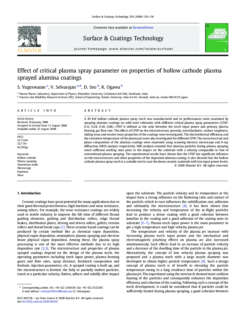 Effect of critical plasma spray parameter on properties of hollow cathode plasma sprayed alumina coatings