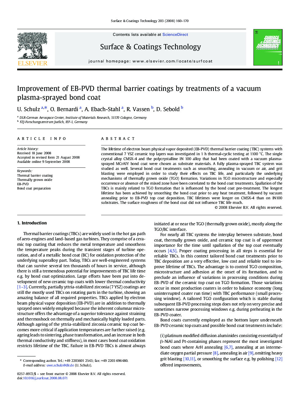 Improvement of EB-PVD thermal barrier coatings by treatments of a vacuum plasma-sprayed bond coat
