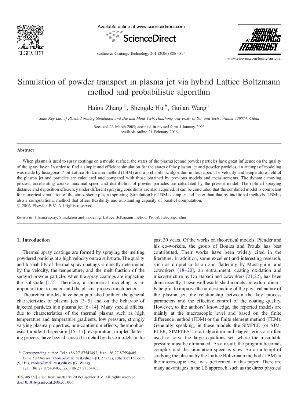 Simulation of powder transport in plasma jet via hybrid Lattice Boltzmann method and probabilistic algorithm