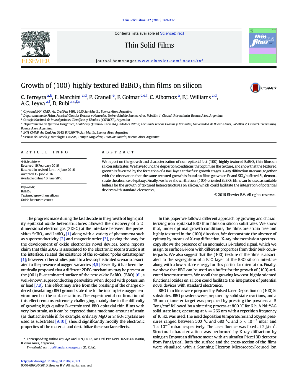 Growth of (100)-highly textured BaBiO3 thin films on silicon