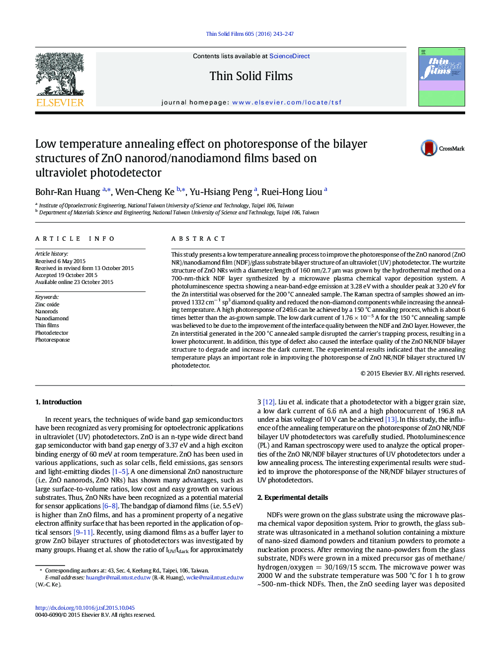 Low temperature annealing effect on photoresponse of the bilayer structures of ZnO nanorod/nanodiamond films based on ultraviolet photodetector