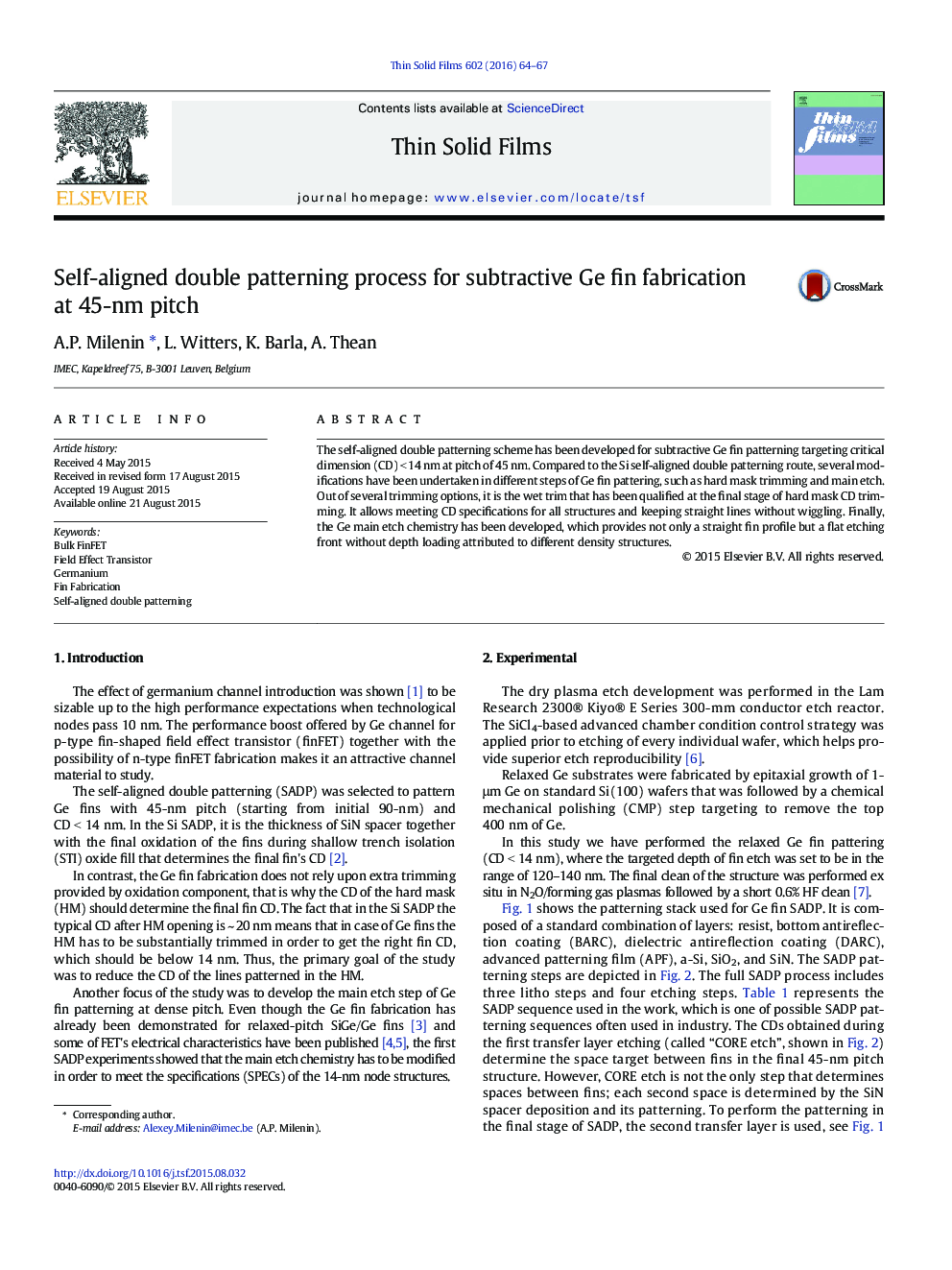 Self-aligned double patterning process for subtractive Ge fin fabrication at 45-nm pitch