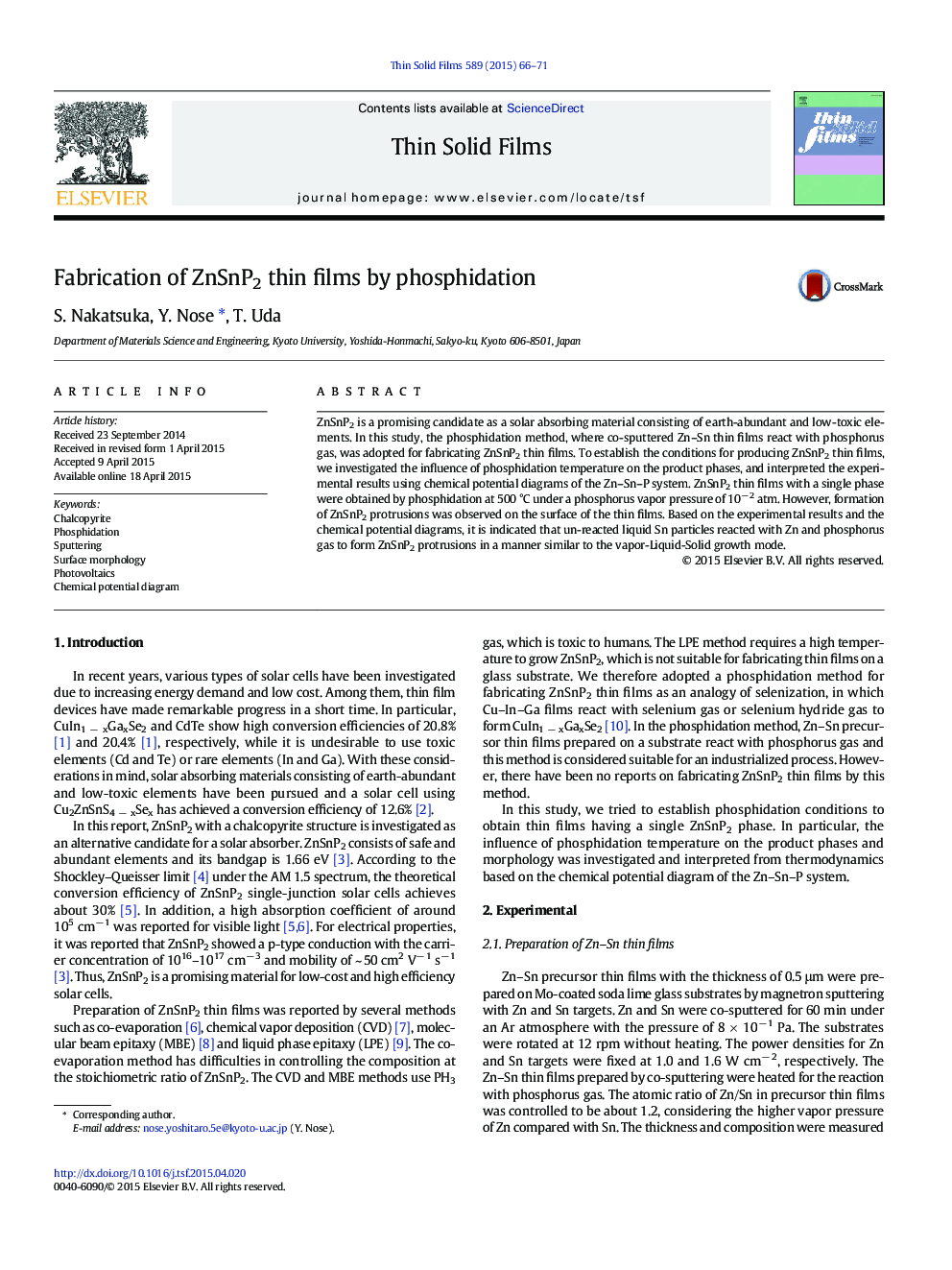 Fabrication of ZnSnP2 thin films by phosphidation