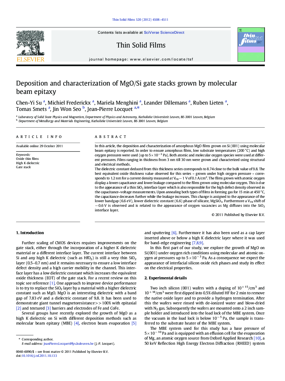 Deposition and characterization of MgO/Si gate stacks grown by molecular beam epitaxy