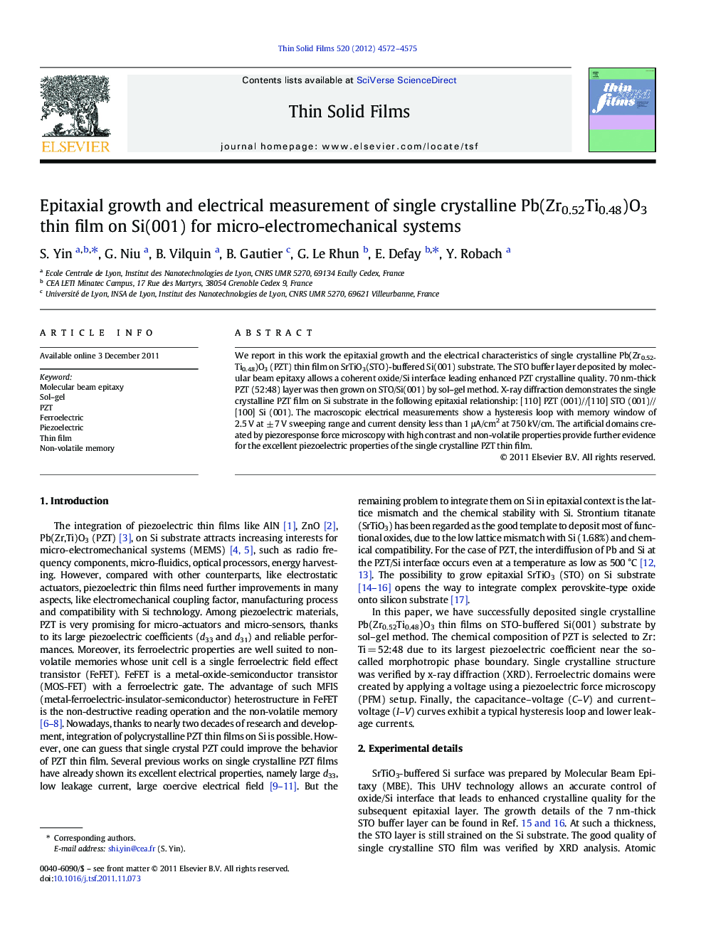 Epitaxial growth and electrical measurement of single crystalline Pb(Zr0.52Ti0.48)O3 thin film on Si(001) for micro-electromechanical systems