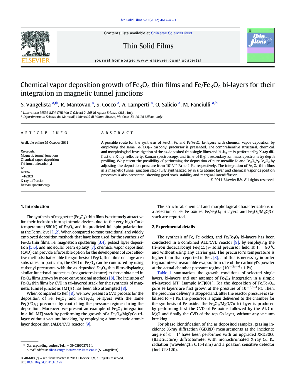 Chemical vapor deposition growth of Fe3O4 thin films and Fe/Fe3O4 bi-layers for their integration in magnetic tunnel junctions