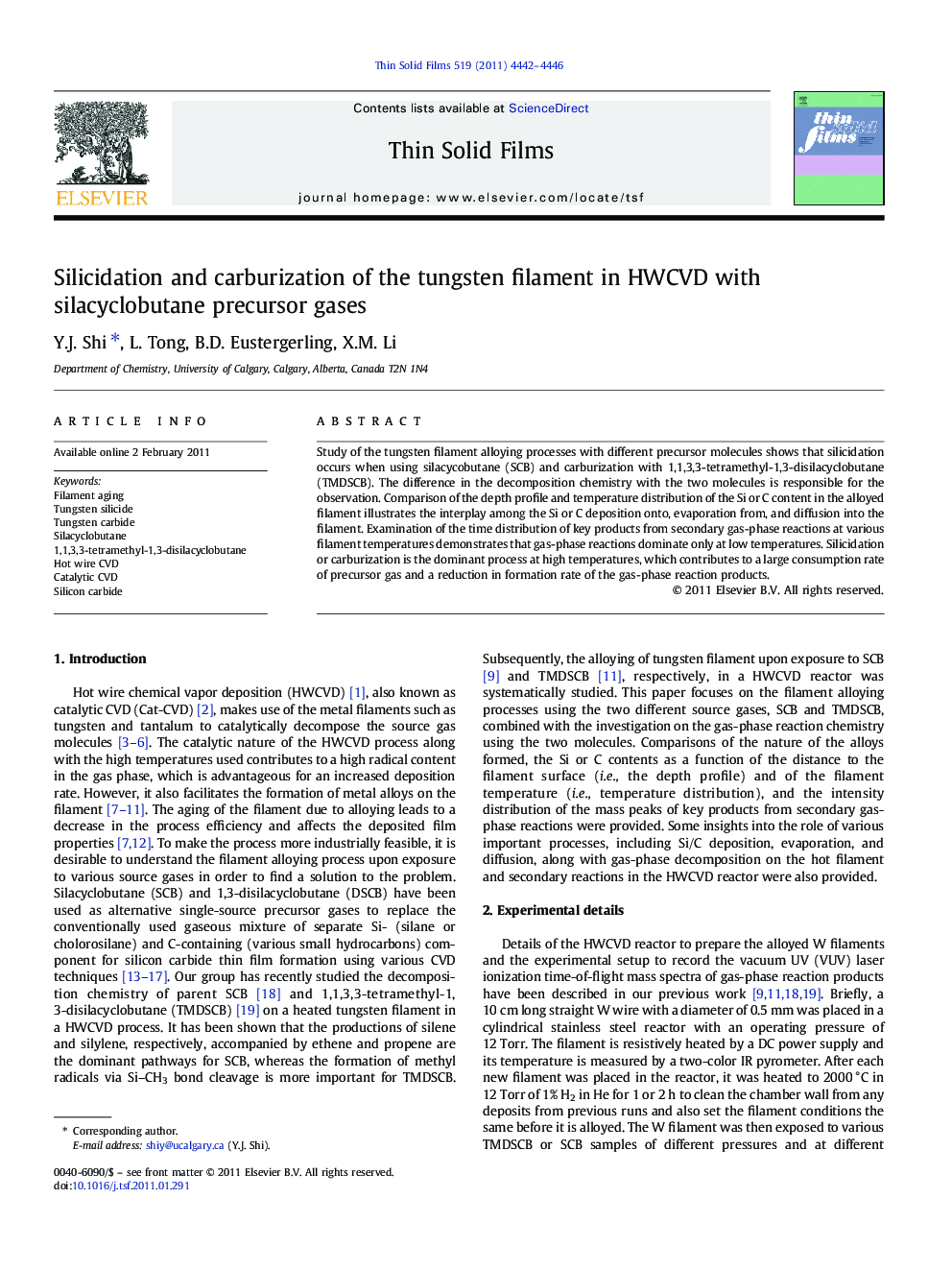 Silicidation and carburization of the tungsten filament in HWCVD with silacyclobutane precursor gases