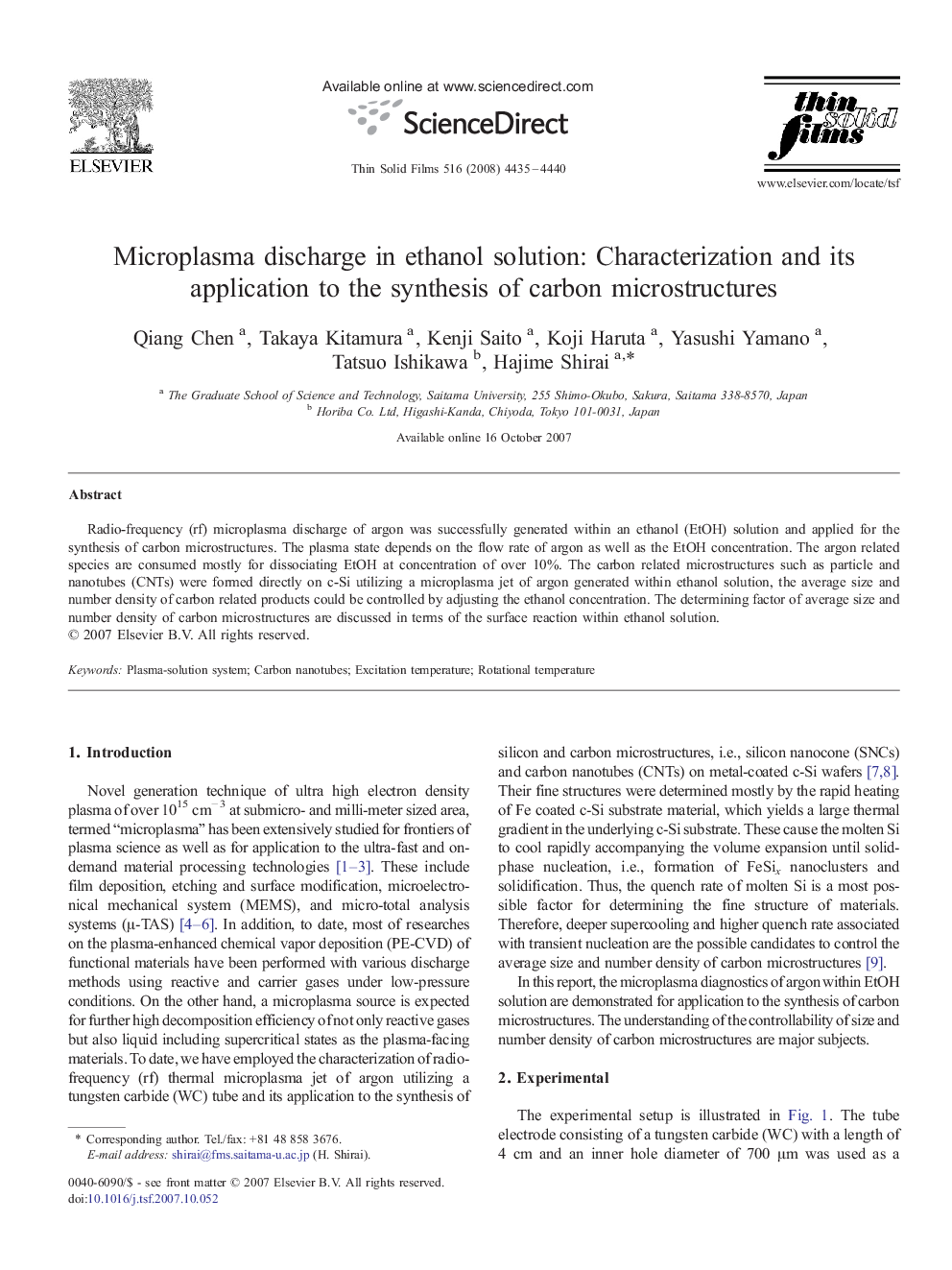 Microplasma discharge in ethanol solution: Characterization and its application to the synthesis of carbon microstructures